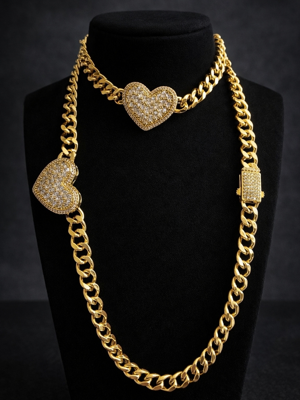 Gold Heart Cuban Link Necklace Set - Women Jewelry